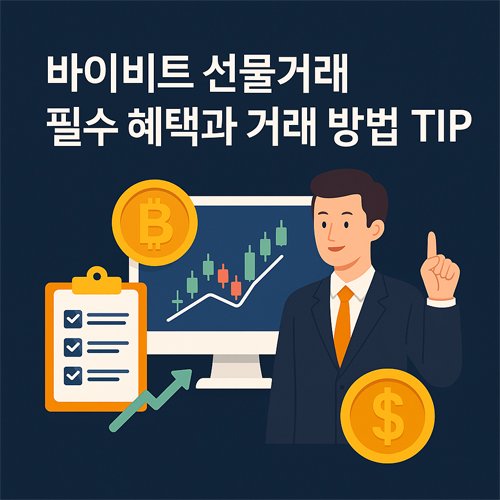 바이비트 선물거래 필수 혜택과 거래 방법 TIP을 설명하는 이미지. 모니터 속 차트, 체크리스트, 비트코인·달러 아이콘, 손가락으로 설명하는 캐릭터가 포함된 전문적인 디자인