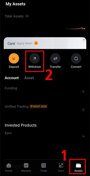 Bybit 앱 자산 화면에서 Withdraw 메뉴 접근 경로 표시