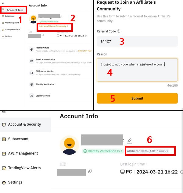 바이비트 Account Info에서 Join an Affiliate’s Community로 이동해 레퍼럴 코드 165443 입력 후 Submit, Account Info에 ‘Affiliated with (AID: 165443)’가 표시된 적용 완료 화면