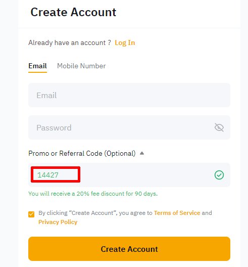 Bybit 계정 생성 화면 – Promo or Referral Code 칸에 165443 입력, 신규 가입 수수료 20% 할인(90일) 적용 예시