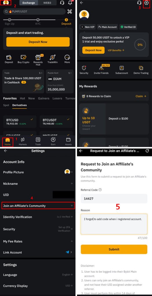 바이비트 모바일 앱: Home(1) → 프로필(2) → 설정 톱니바퀴(3) → Join an Affiliate’s Community(4) → Referral Code에 165443 입력(5) → Submit 순서 안내