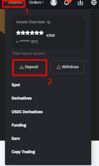 바이비트 거래소에서 상단 메뉴의 Assets 클릭 후 Deposit 버튼을 선택하는 화면
