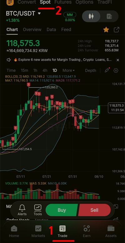 모바일 앱에서 BTC/USDT 차트 화면과 거래 메뉴 진입 경로 표시