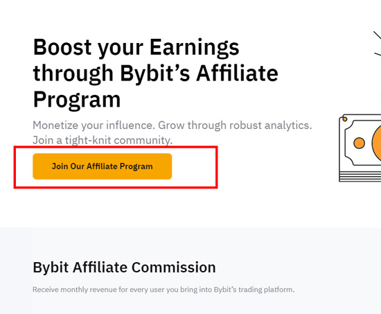 Bybit 제휴 프로그램 가입 페이지에서 ‘Join Our Affiliate Program’ 버튼이 강조된 화면