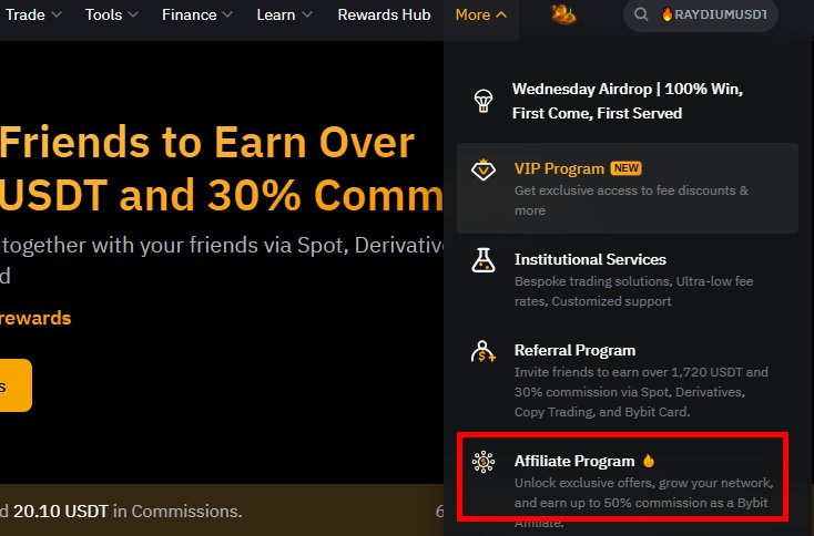 Bybit 홈페이지 메뉴에서 Affiliate Program 위치를 안내하는 화면, 제휴 프로그램 진입 방법을 강조한 스크린샷