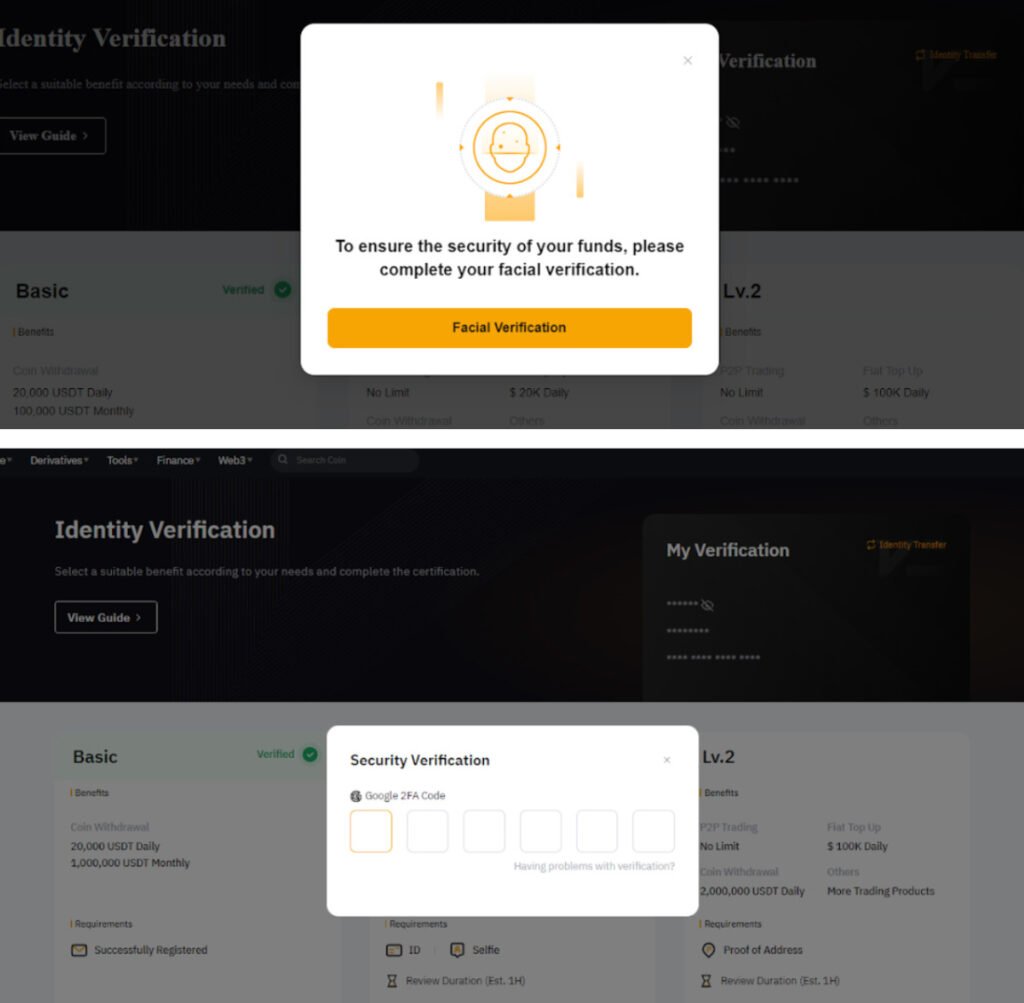 바이비트 웹사이트에서 KYC 인증 이전 절차 중 얼굴 인식과 2단계 인증(2FA) 입력 화면