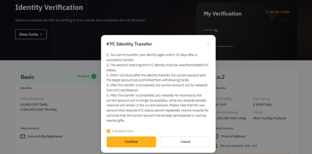 바이비트 KYC 인증 이전 약관 안내 창과 ‘Continue’ 버튼