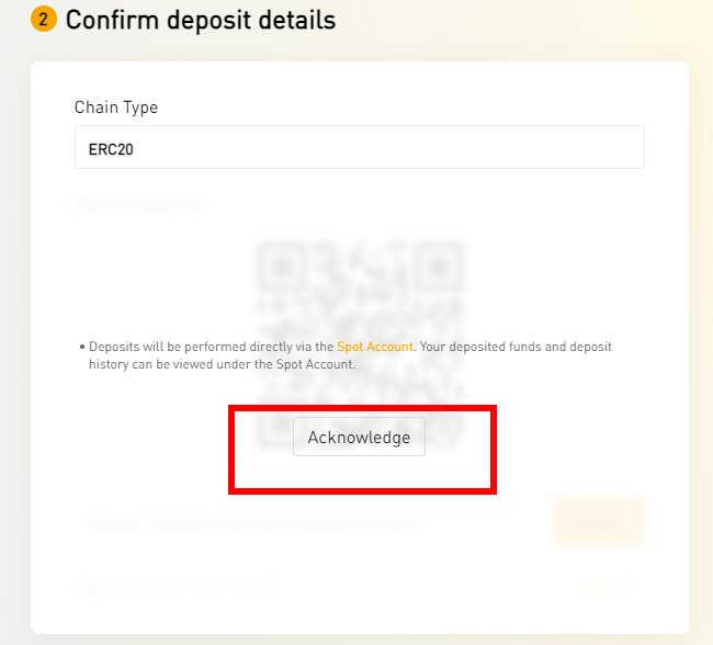 바이비트 입금 과정에서 네트워크 선택 후 Acknowledge 버튼 확인 화면