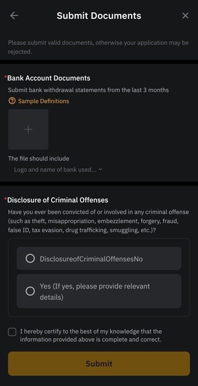 "Submit documents interface requiring recent bank statement upload and disclosure of criminal offenses"