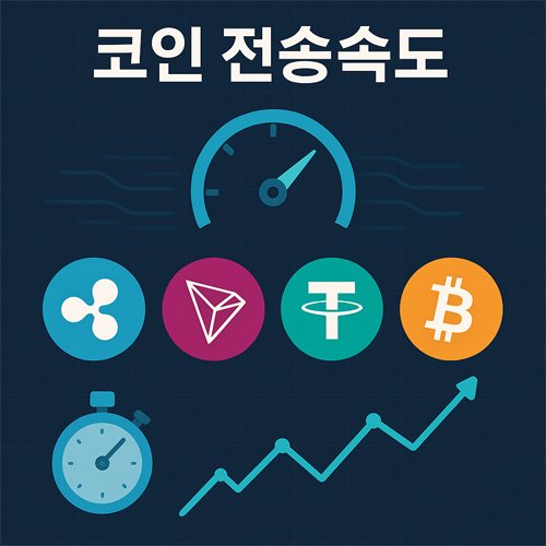 “코인 전송속도”라는 제목 아래, 리플, 트론, 테더, 비트코인 로고가 나열되어 있으며, 중앙에는 속도계 아이콘이, 하단에는 스톱워치와 속도 상승 그래프가 포함된 전송속도 시각화 인포그래픽 이미지.