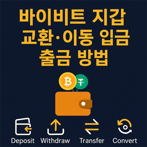 바이비트 지갑 입금, 출금, 전송, 교환 기능을 상징하는 아이콘과 지갑 일러스트