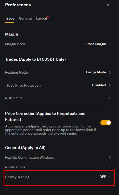 바이비트 Hotkey Trading 활성화 메뉴