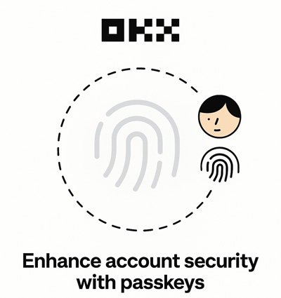 OKX Passkey 기능을 상징하는 일러스트로, 스마트폰과 컴퓨터 화면에 OKX 로고와 지문 아이콘, 자물쇠 아이콘이 함께 표현된 보안 강화 이미지