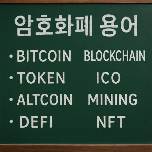 칠판에 ‘암호화폐 용어’라는 문구와 비트코인, 블록체인, 토큰, ICO, 알트코인, 마이닝, 디파이, NFT 등의 영어 단어가 적혀 있는 이미지