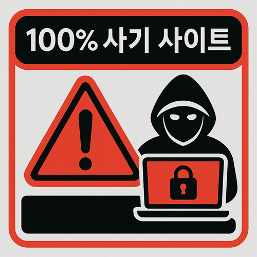 100% 사기 사이트라는 문구와 함께 경고 삼각표시와 후드 쓴 해커 아이콘이 포함된 강한 경고용 일러스트