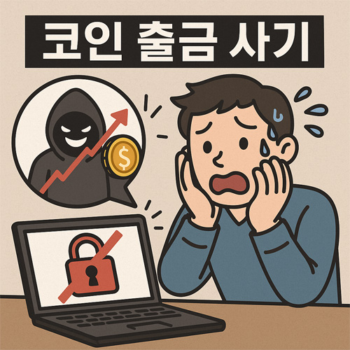 코인 출금 사기 문구와 함께 출금이 막혀 당황하고 불안해하는 남성과 사기범 아이콘이 나타난 경고 일러스트