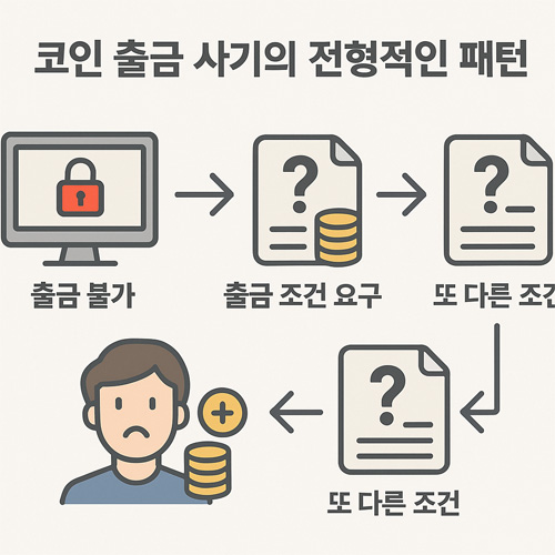 인 출금 사기의 전형적인 패턴을 단계별로 표현한 인포그래픽으로, 출금 불가·출금 조건 요구·추가 입금·또 다른 조건으로 이어지는 사기 흐름을 시각적으로 보여주는 이미지