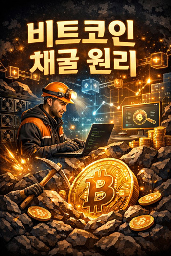 비트코인 채굴 원리를 표현한 일러스트로 채굴자가 컴퓨터와 채굴 장비를 이용해 비트코인을 생성하는 모습