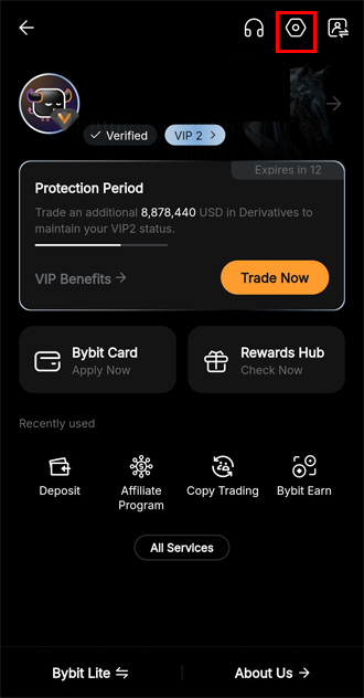 Settings menu screen in the Bybit mobile application