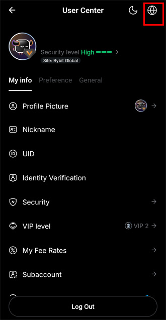 Opening the language settings menu in the Bybit app