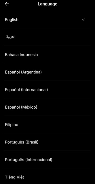 Bybit app language selection list with multiple supported languages