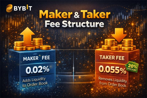 Bybit maker and taker fee rates showing 0.02 percent maker fee and 0.055 percent taker fee with trading fee discount