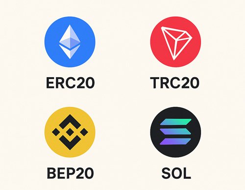ERC20, TRC20, BEP20, SOL 네트워크 로고를 한눈에 보여주는 코인 체인 타입 인포그래픽