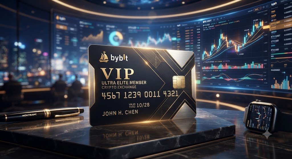 고급스러운 금색과 검은색 조합의 바이비트(Bybit) VIP 카드와 배경에 화려한 디지털 트레이딩 차트가 표시된 프리미엄 트레이딩 환경